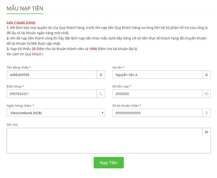 Mẫu nạp tiền SV388